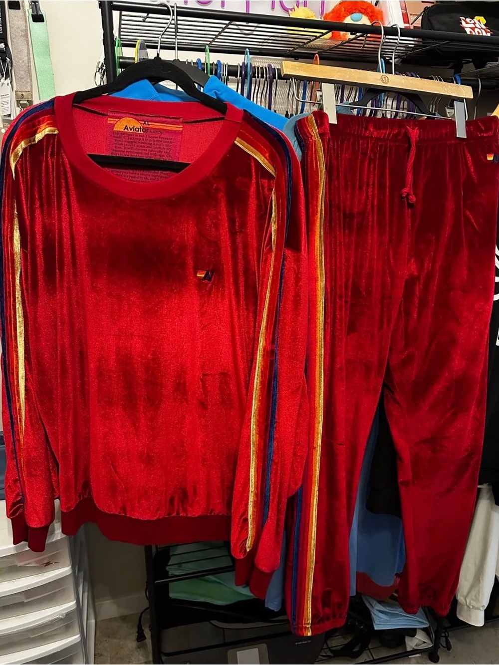Aviator Nation Red Velour Jogger Set with Rainbow Detail
